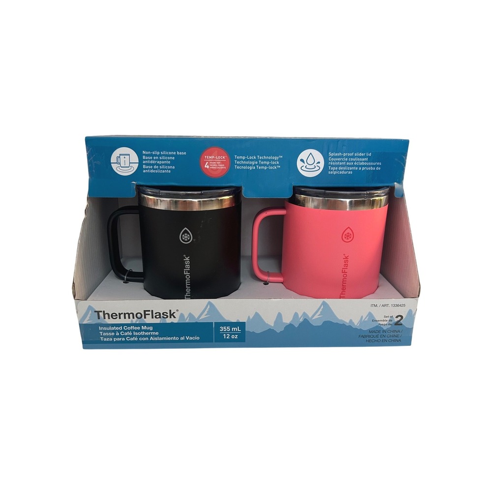 ThermoFlask Black Pink Insulated Stainless Steel Coffee Mug 2pk 12oz